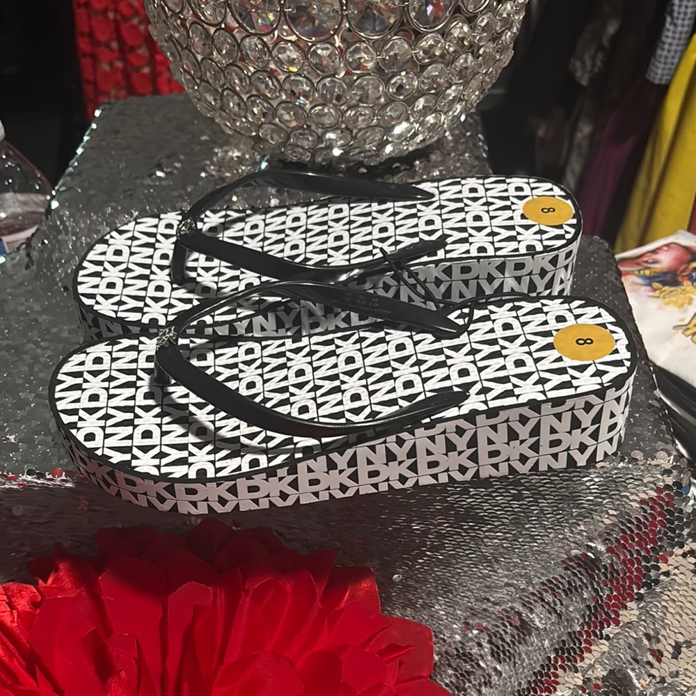 DKNY Monogram Black and White Flip Flops